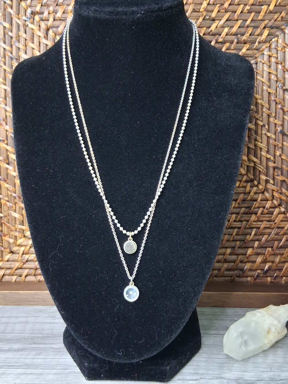 DKNY Silver Layered Disc Necklace with Crystal Accent